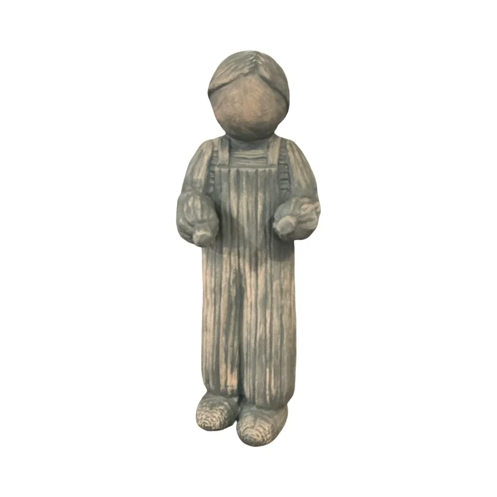 Vintage Ceramic Faceless Boy in Overalls Figurine Blue Grey Rustic Art 10.5